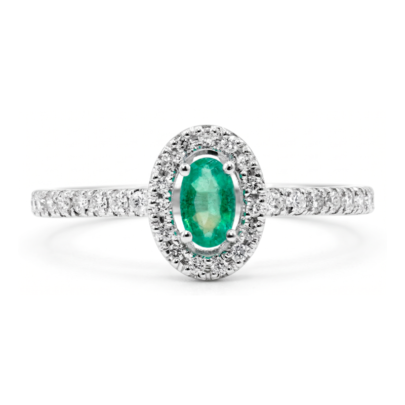 Anel em ouro branco 18k com esmeralda oval central e brilhantes cravejados