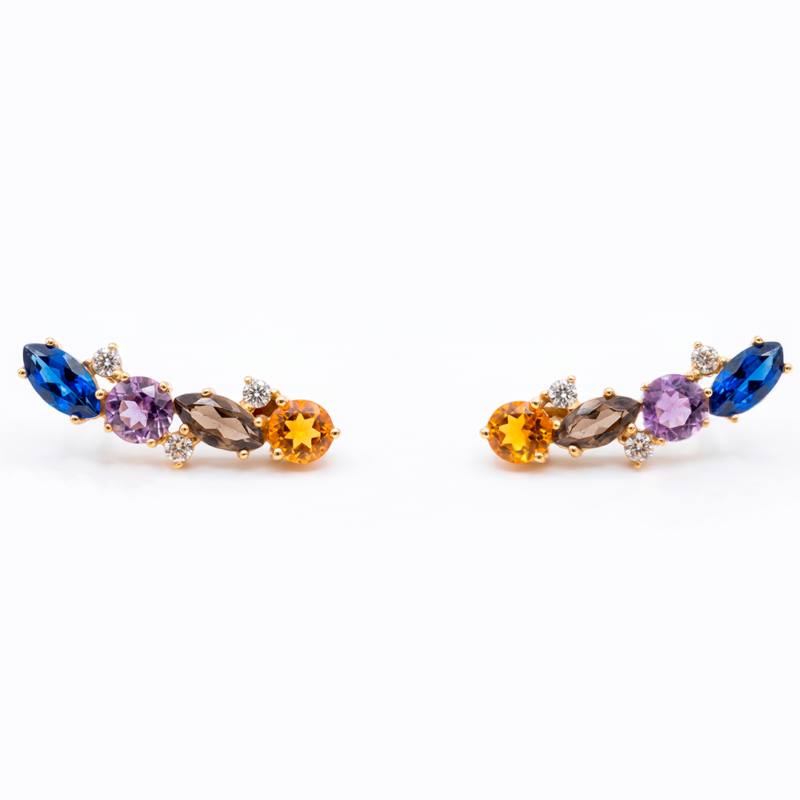 Brinco Èther Earcuff em ouro amarelo 18k com pedras naturais brasileiras coloridas