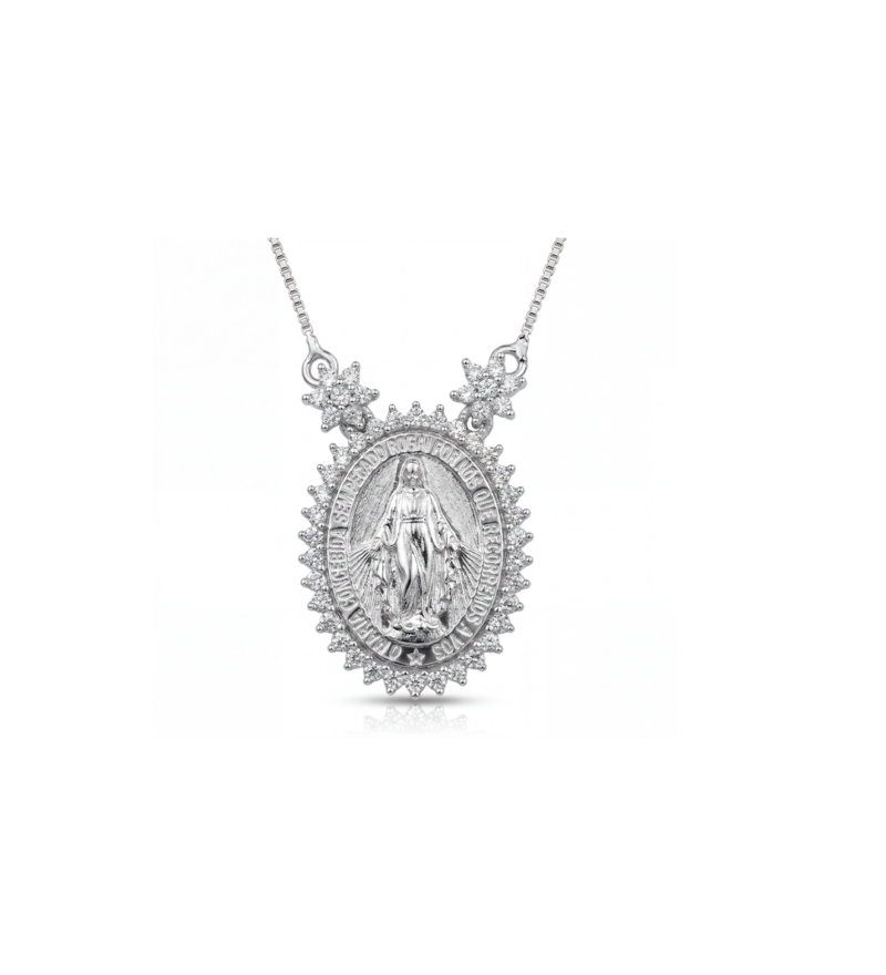 Colar e medalha ouro branco 18k nossa senhora